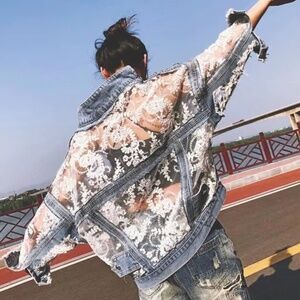 Western Embroidered Floral Lace Frayed Jean Denim Jacket